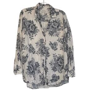 Rachel Zoe 100% Linen Floral Top White Blue Size L